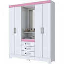 Guarda Roupa Solteiro com Espelho 4 Portas 3 Gavetas BHappy Espresso Móveis Branco/Branco Rosa